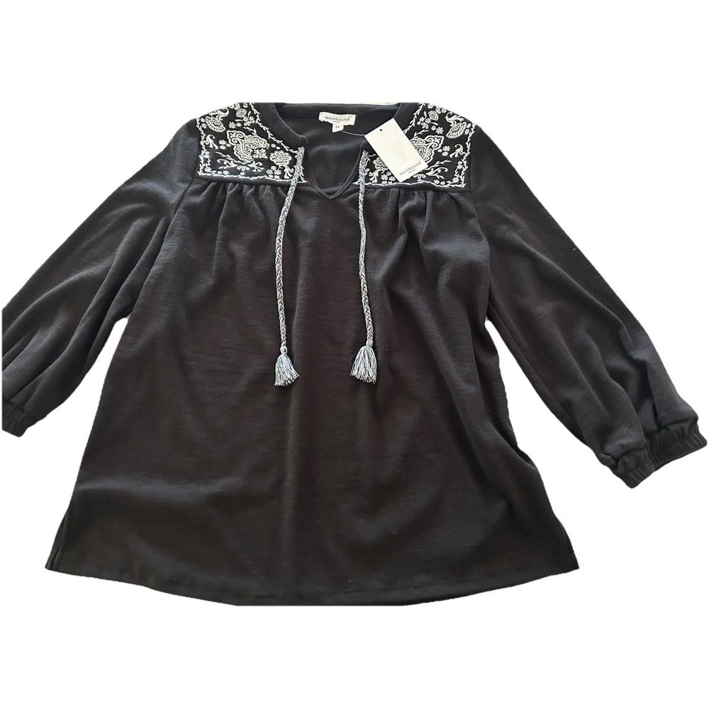 New Westbound Tunic Top PS Black & White Embroidered Tie Tassels Boho Petite S